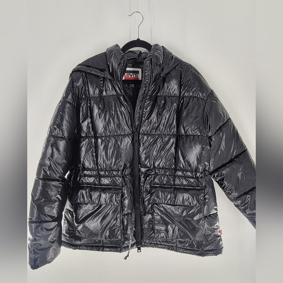 LEVIS Polished Quilted Megan Hooded Puffer Jacket Womens L Black Front Zip - Picture 1 of 6